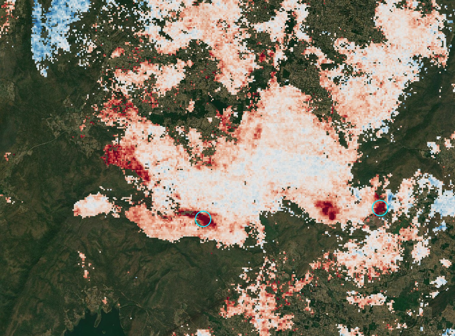 Satellite map of ground movement over the Dalli-Rajhara iron-ore mines, January 2025 to October 2026. Red areas are moving away from the satellite, usually sinking or sliding. Two areas on the mine workings are circled.